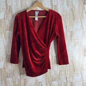 METAPHOR Red Velvet Sparkle Y2K Wrap Ruched V Neck 3/4 Sleeve Top Women Size M